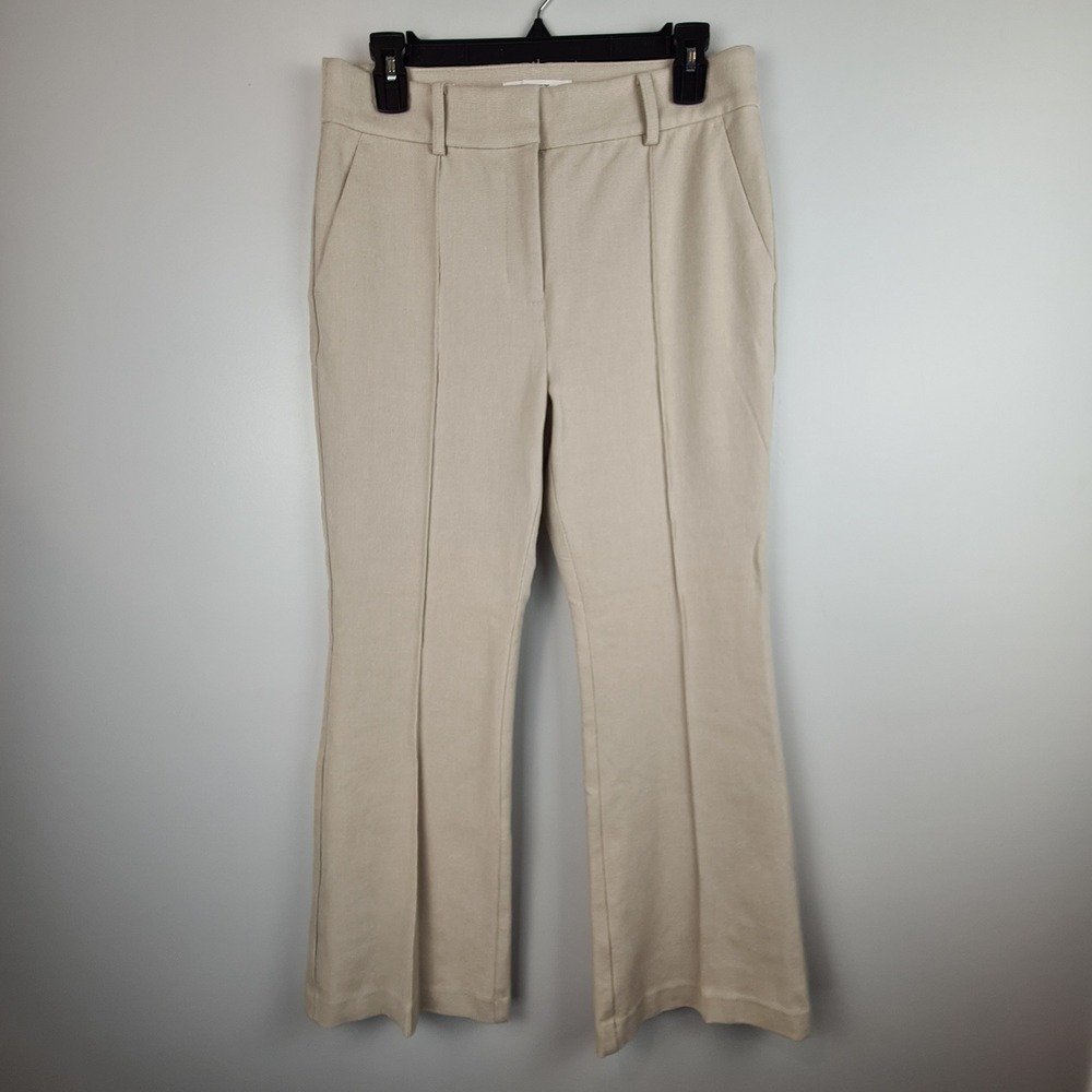 LOFT Women's Sutton Flare Pants 8P Beige Petite Front Seam Stretch Trousers